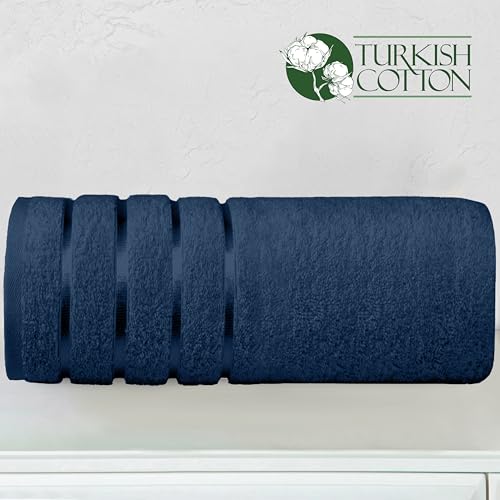 Image of Elegant Comfort 100% Turkish Cotton 4 Lines Viscose Stripe Jumbo Bath Towel - Hotel Spa Quality Extra Large 35 x 70 Inch Bath Towel Ultra Soft, Super Absorbent Quick Dry Large Bath Towel, Navy Blue