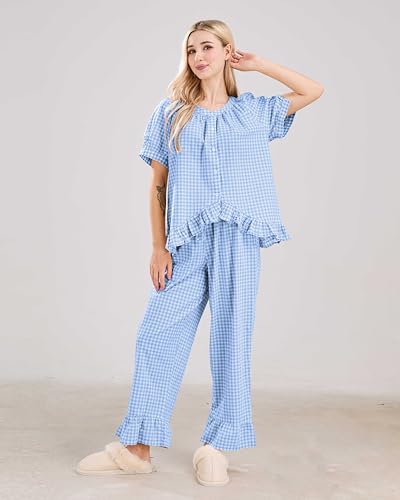 Image of codcm Womens Gingham Pajama Set 2 Piece Short Sleeve Babydoll Shirt and Pants Lounge Set Cute Sleepwear