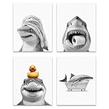 OFJE Funny Shark Bathroom Wall Art Decor Prints Set of 4, Wild Animal Shark Posters Pictures Wall Decor for Bathroom Washroom Restroom,shark gifts for women kids men, 8x10 Unframed