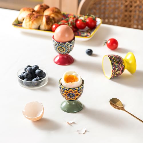 Image of Henten Home Boho Ceramic Egg Cups, Colorful Egg Holder Set of 6 | for Soft Boiled Egg, Breakfast, Serving, Easter, Dishwasher & Microwave Safe