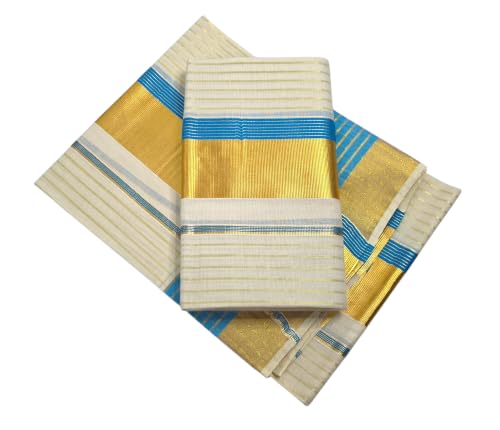 Image of Womens Kuthampully Set Mundu With Golden & Stripes Kara