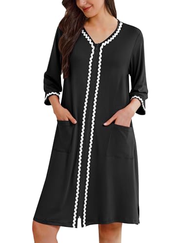 Ekouaer Zipper Robes for Women 3/4 Sleeves Lightweight House Coat Zip Up Bathrobe Soft Nightgown with Pockets S-3XL