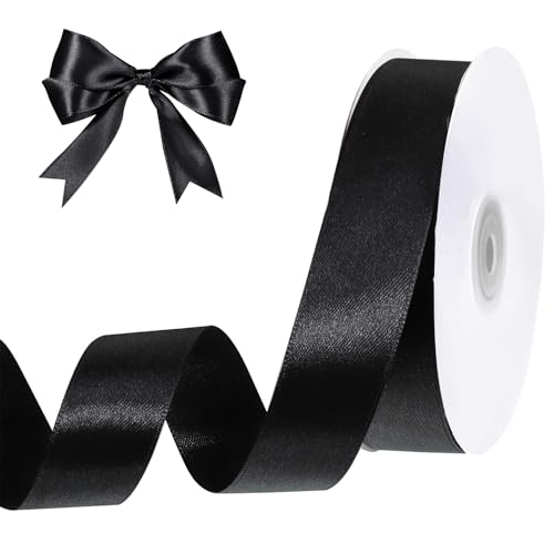 Image of woric Black Satin Ribbon Ribbon 1 inch 50 Yards Black Hair Bows | Use for Back to School Men Boy Cake Toppers Cheer Bow Graduation Leis Bachelorette Party Halloween Decorations