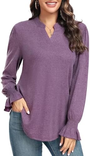Women’s Long Sleeve Tunics Casual V-Neck Top Fashion Loose Shirt
