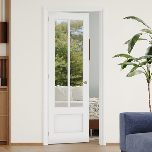 Image of 30 inch x 80 inch Prehung Door, Left-Handed, 2-Lite Mirror Prehung Interior Door with Pantry /Bedroom, White MDF with Hardware Kit