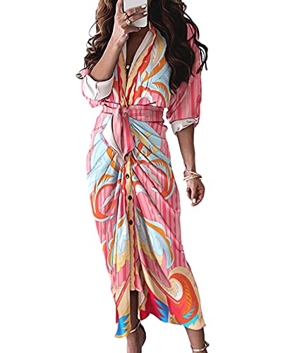 Image of FYEARFOX Women's Button Down Shirt Dress Ruched Split Maxi Dresses Long Sleeve Wrap V Neck Tie Waist Party Clubwear
