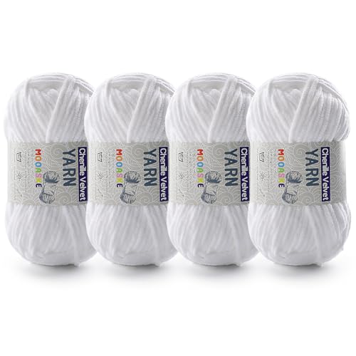 Image of 4 Pac Chenille Yarn for Crocheting - Blanket Yarn for Crocheting - Fluffy Yarn for Crochet, Baby Yarn for Crocheting Soft Blankets Weight Per Roll 50g /1.76oz, Length 60m /65yard (White)