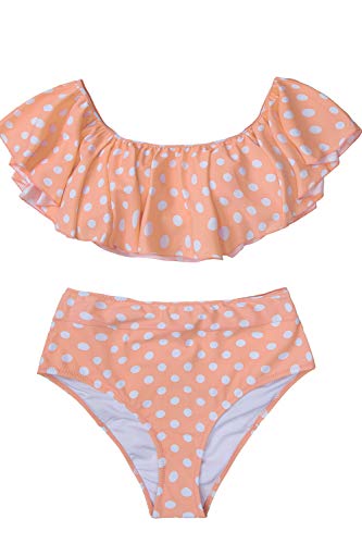 CUPSHE Women s Peach White Polka Dot Bikini Set Ruffled High Waisted Swimsuit, S