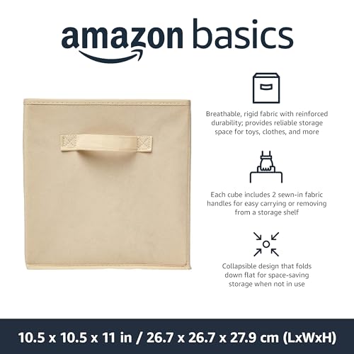 Amazon Basics Collapsible Fabric Storage Cube/Organiser with Handles, Pack of 6, Solid Beige, 26.6 x 26.6 x 27.9 cm - Image 3