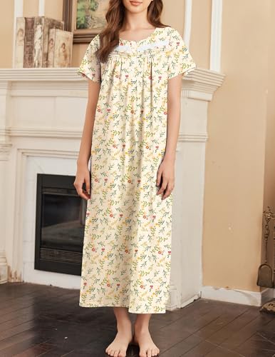 Image of Ekouaer Nightgown for Women Cotton Long Night Gown Short Sleeve Nightdress with Pockets Button Sleepshirt Soft Sleepwear