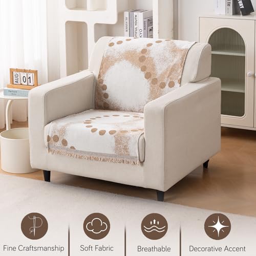 Image of HOKIPO Sofa Cover for 1 Seater Sofa | Full Protection for Seat and Back |Premium 320 GSM Chenille Fabric | 'Serene Abode Series' (180x60 cm), Latte Dotted Wave (AR-6634-D3)