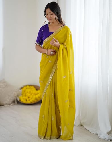 Image of SIRIL Women's Tissue Silk Scalloped Border Embroidery Saree with Unstitched Blouse Piece