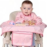 MOTEERLLU Coverall Baby Feeding Bib for Eating,Long Sleeves Bib Attaches to Highchair and Table,Anti-Dirty Weaning Bibs,Toddler Wipe Clean Waterproof for Baby Self-feedin 6-36 Months (Pink sleeved)