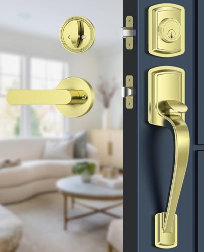Image of Front Door Handle and Deadbolt Set for Right & Left Handed, Front Door Lock Set with Single Cylinder Deadbolt, Entry Doors Locksets with Modern Exterior Handle, Reversible Lever, Gold