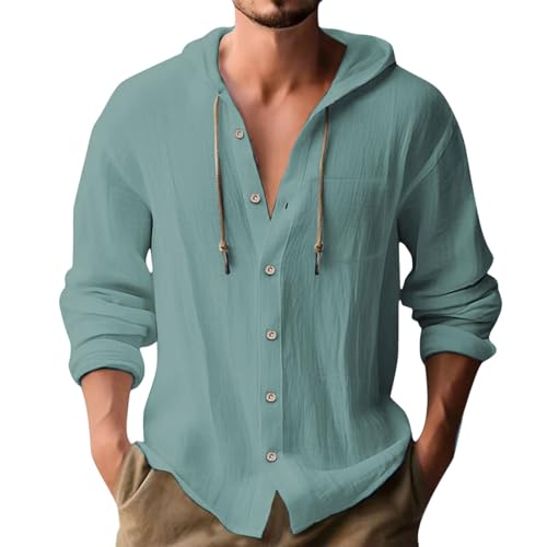 Mens Button Up Hoodies Cotton Linen Long Sleeve Lightweight Summer Sun Protection Hooded Beach Shirts