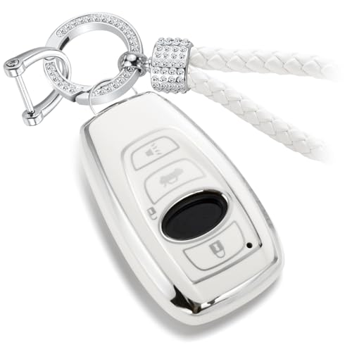 Image of Key Fob Cover for Subaru, Rhinestone Loop Case, Silver Edge | Wear-resistant TPU shell, rhinestone-accent PU loop, daily splash, scratch and drop protection, normal signal use, easy setup