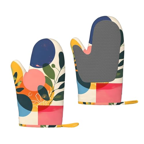Geometric Potted Plant Silicone Oven Gloves Pair - Heat Resistant Oven Mitts with Non-Slip Grip for Kitchen, Baking, BBQ, Microwave & Grill, Durable & Comfortable
