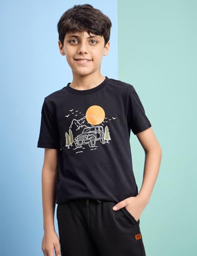 Image of Amazon Brand - Jam & Honey Boys 100% Cotton Solid Print Mid Rise Track Pants (Joggers) and t-Shirt, Black + Black, 9-10 Years