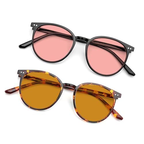 JFXQDR 2 Pack Indoor Fluorescent-41 Pink & Outdoor Fluorescent-60 Brown Round Tinted Blue Light Blocking Glasses for Migraine, Light Sensitivity, Photophobia & LED Gaming Computer Screen Glare RF6213