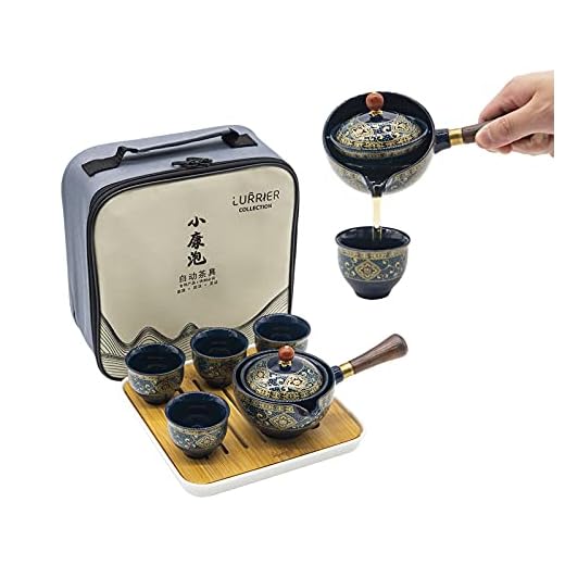 LURRIER Porcelain Chinese Gongfu Tea Set,Portable Teapot Set with 360 Rotation Tea maker and Infuser,Portable All in One Gift Bag for Travel,Home,Gifting,Outdoor and Office (Floral Blue)