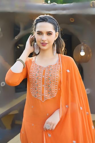 Image of GoSriKi Women's Cotton Blend Embroidered Kurta Set with Pant & Dupatta - Straight Calf‑Length, 3 /4 Sleeve, Round Neck - Elegant Ethnic Attire (5 Colors, S-5XL)