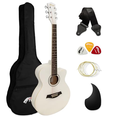 Tiger ACG1-WH Guitarra acústica de cuerpo pequeño con cuerdas de acero para principiantes - Blanco