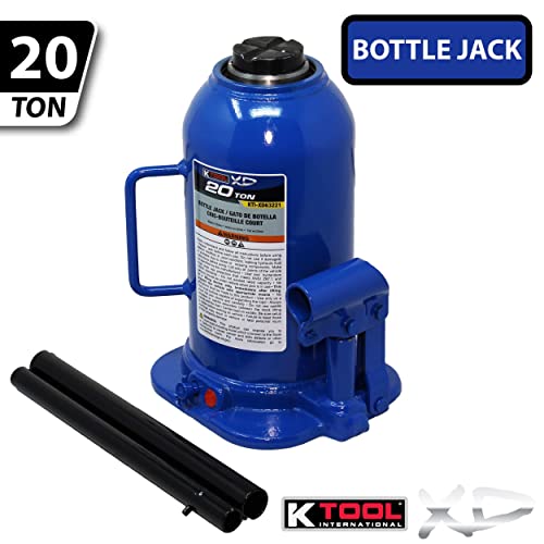K Tool International Xd63221 20 Ton Hydraulic Bottle Jack For Garages, Repair Shops, And Diy, 44,000 Lbs. Capacity, Lift Range 9.6"-16.65", Heavy Duty Steel, Load-Limiting/Bypass Valves, Blue #TOP1