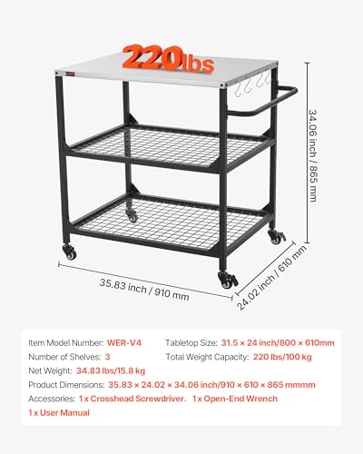 Image of VEVOR Outdoor Grill Cart, 31.5 x 24.0 inch Stainless Steel Tabletop Size Grilling Table, Outdoor Cooking Table with 4 Wheels & Side Handle, Two Mesh Shelves, BBQ Prep Tables for Patio, Garden
