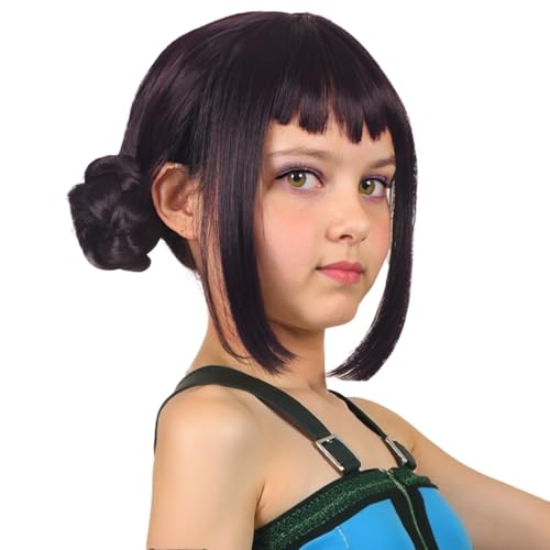 FantaLook Short Black Purple Cosplay Wig with 2 Buns for Halloween Party CostumeSmall Size