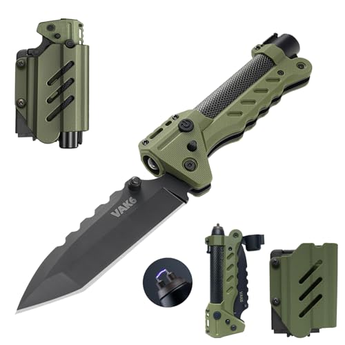 VIPERADE VAK6-S Survival Multitool with Folding Knife, LED Flashlight and Pulse Ignition, EDC Pocket Knife for men, Rechargeable Flashlight with Belt Sheath (Green)