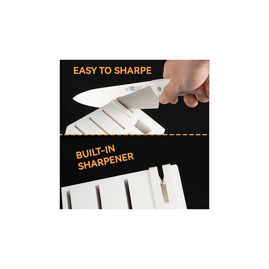 Knife Set, 15 PC Kitchen Knife Set with Block and Built-in Sharpener, 6 Steak Knives, Razor Sharp, Ergonomic Handl (White)