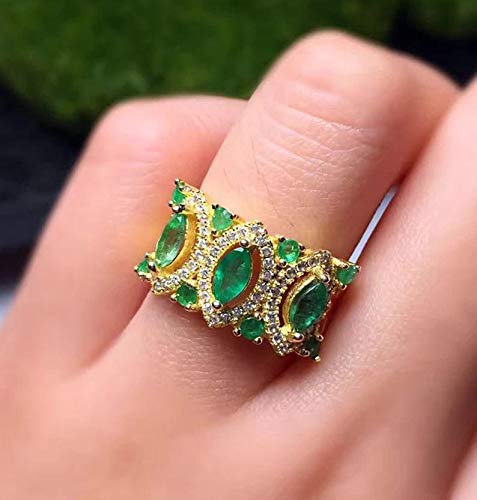 Emerald Engagement Ring, Genuine Natural Green Emerald, Gold Plated Silver Ring, May Birthstone, Wedding Cocktail Ring, Art Deco