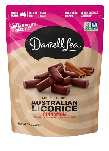 Darrell Lea Soft Australian Licorice, Non-GMO, No Palm Oil, Plant Based, No High Fructose Corn Syrup, Soft & Chewy Licorice Candy, Made in Australia, Cinnamon (7 Ounce (Pack of 1))