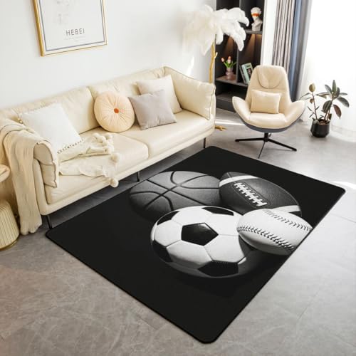Loussiesd Alfombra deportiva de 150 x 200 cm, alfombra de fútbol para sala de estar, para niños, niñas, dormitorio, color negro y blanco, alfombra decorativa de béisbol con respaldo antideslizante