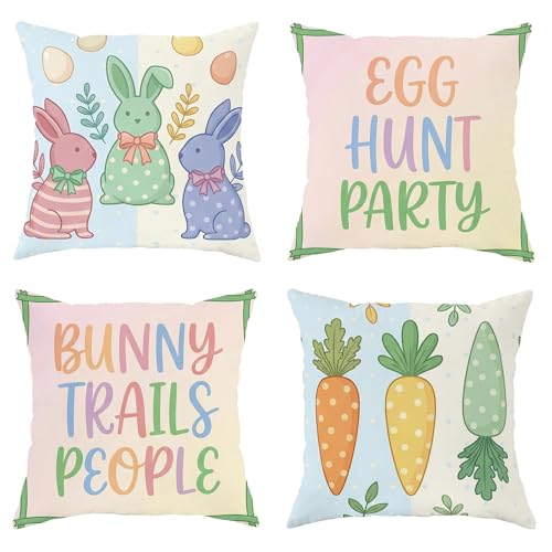 Bunny Throw Pillow Covers Set of 4, Spring Playful Carrot
