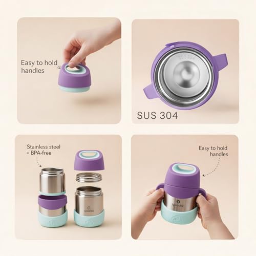 Image of Speedex Kids Insulated Food Jar 320ml Lilac Fun (Purple), 304 Stainless Steel Lunch Box with Handle & Spork, Leak Proof BPA-Free Double Wall Vacuum Tiffin, Hot & Cold Food Container