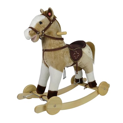 Cavallo a Dondolo per Bambini da 36 a 72 Mesi Cavalcabile in Legno e Peluche con Rotelle Suoni e Movimenti Realistici...