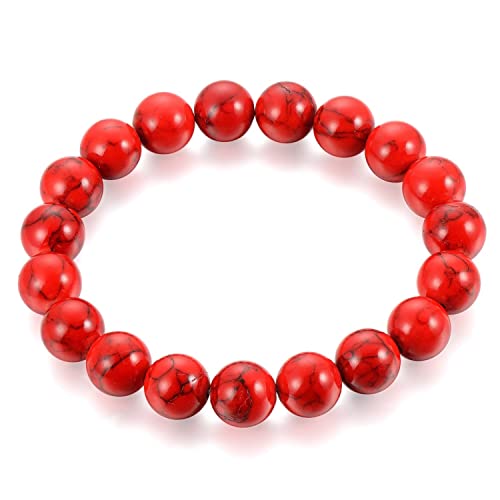 Red and/or Turquoise Beaded Bracelet, Turquoise Stones Stretch Bracelet for Men and Women