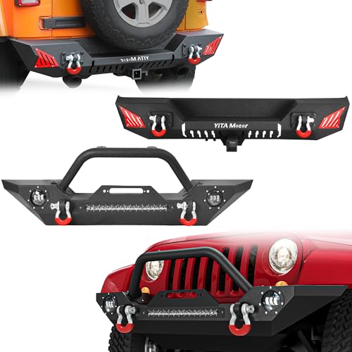 YITAMOTOR Front & Rear Bumper Compatible with Jeep Wrangler 2007-2018 Jeep Wrangler JK & JK Unlimited (2/4 Doors), Upgraded Textured Black Coating w/ 2" Hitch Receiver, D-Rings Front & Rear 