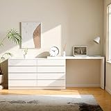 Mixcous 8 Drawer Dresser with Extendable Table, L-Shaped Desk & Vanity Combo, White MDF Dresser with Wide Storage, Large 8-Drawer Vanity for Bedroom, Adjustable Makeup Dressing Table