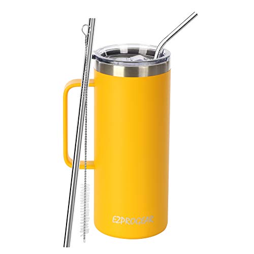 Ezprogear Stainless Steel 32 oz Beer Tumbler Yellow Mango Camping Mug Double Wall Vacuum Insulated with Handle and Lid 32 oz Mango