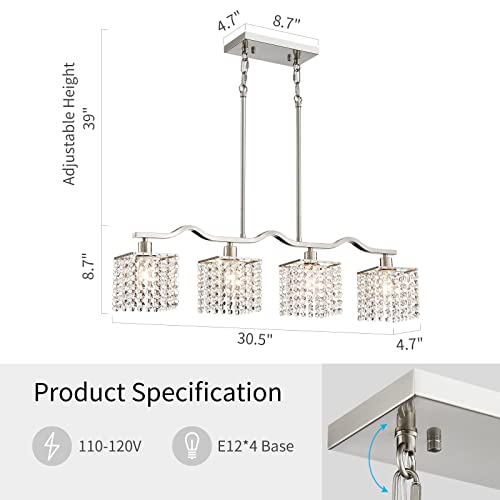 Image of WUZUPS Crystal Chandelier 4-Light Linear Raindrop Pendant Ceiling Light Modern Lighting Fixture for Bedroom Dinning Room Bar Kitchen Island, H8.7'' W4.7'' L30.5, E12 Base, Nickel