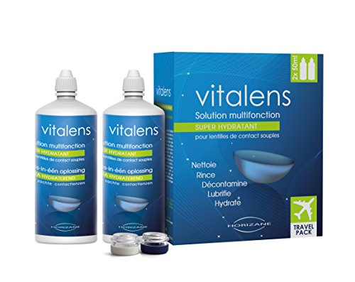 Produit multifonction pour lentilles de contact souples ● Format voyage / 2x50ml ● Décontamine, nettoie, rince, déprotéinise et hydrate ● Solution pour lentilles à l’acide hyaluronique ● Vitalens Cover