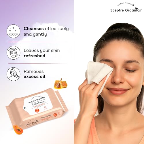 Image of Sceptre Organics Golden Papaya Exfoliating Facial Wipes | Gentle Exfoliation With Honey | Removes Dirt,Oil & Makeup | Alcohol-Free, Travel-Friendly | Pack of 3 (75 Wipes)