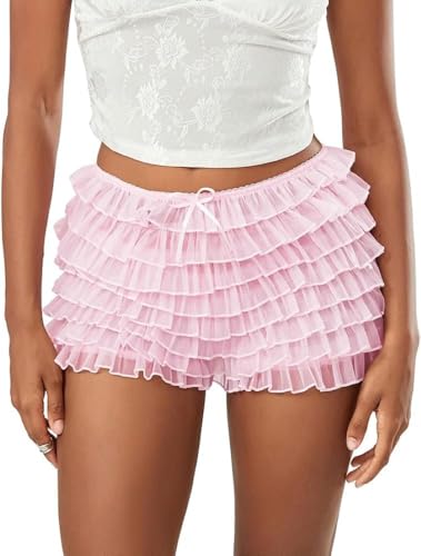 Womens Lolita Lace Ruffled Layered Shorts Y2k Fairy Tiered Bloomers Shorts(Pink L)