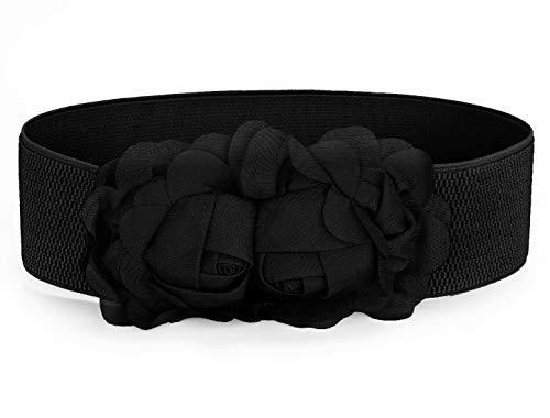 uxcell Chiffon Flowers Press Stud Button Elastic Textured Band Waist Belt for Ladies