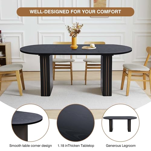 Image of 70.8 Inch Kitchen Dining Table for 4-6 People, Oval Kitchen Table with Wood Strip Base, Modern Farmhouse Large Round Dining Room Tables for Home Living Room (Black)