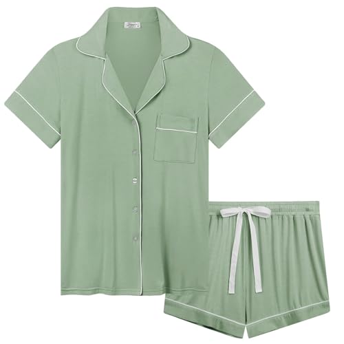 Cherrydew Women Button Down Pajamas Shorts Set Super Soft Comfy Cooling Bamboo Viscose Sleepwear...