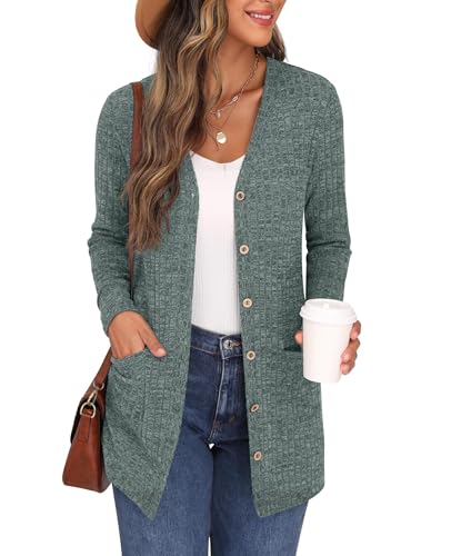 GRECERELLE Cárdigan para mujer de manga larga con frente abierto, cárdigans con botones, cuello en V, tejido acanalado, prenda exterior ligera con bolsillo, Azul Verde, S