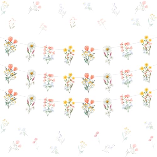 Fangleland 3Pcs Wildflower Garlands, Garden Flower Banner Tea Spring Wedding Wild One Hanging Decors, Floral Woodland Birthday Baby Shower Cottagecore Party Decorations by Fangleland - Used condition - US$6.92